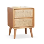 Solid oak bedside cabinet with rattan drawers in modern Nordic style