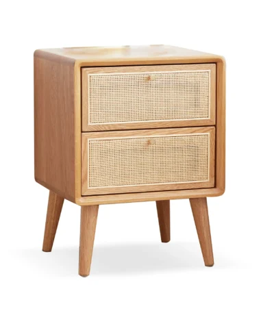 Solid oak bedside cabinet with rattan drawers in modern Nordic style