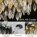 Modern black chandelier with crystal accents in a dining room setting