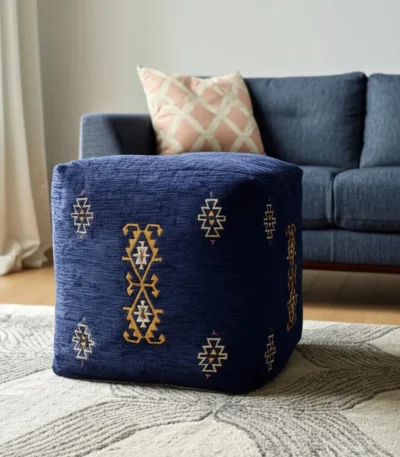 Blue Medallion Pouf Ottoman - Goldoma 18" fabric ottoman with wooden frame, showing blue medallion pattern