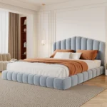 Goldoma queen bed frame with velvet upholstered shell-shaped headboard in light blue