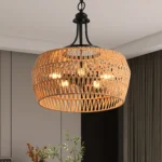19" Boho Hemp Rope Pendant Light, Hand-Woven Jute Hanging Lamp with Adjustable Chain, Natural Rope Shade Ceiling Light