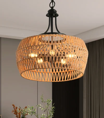 19" Boho Hemp Rope Pendant Light, Hand-Woven Jute Hanging Lamp with Adjustable Chain, Natural Rope Shade Ceiling Light