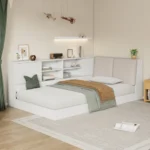 Goldoma L-shaped wooden twin bed with upholstered headboard, bookcase storage, and USB ports in a corner setup