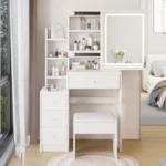 White 29.2 inch LED vanity table with sliding storage and cushioned stool in small bedroom