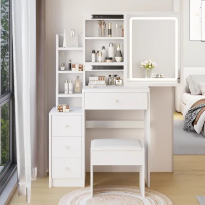 White 29.2 inch LED vanity table with sliding storage and cushioned stool in small bedroom