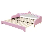 Modern twin extending daybed with LED lights and crown headboard in white PU leather