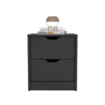 Two drawer nightstand with black wengue finish next to a bed