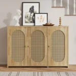 Vintage 3-Door Sideboard Faux Rattan Doors Metal Handles Large Storage Antique for Living Room Hallway Decorative Cabinets Wood