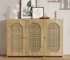 Vintage large storage cabinet for living room with three faux rattan doors and metal handles in a cozy hallway setting