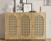 Vintage large storage cabinet for living room with three faux rattan doors and metal handles in a cozy hallway setting