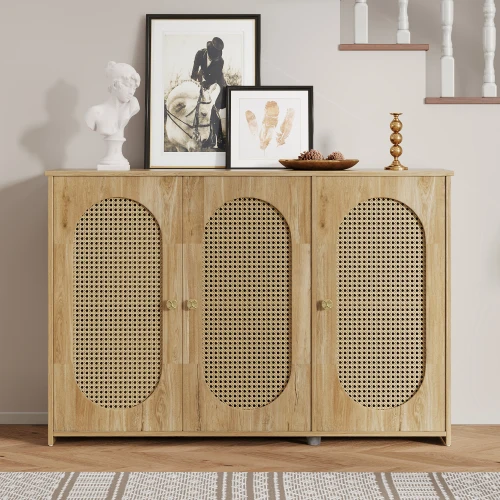 Vintage large storage cabinet for living room with three faux rattan doors and metal handles in a cozy hallway setting