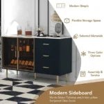 Modern Solid Wood Sideboard Buffet Cabinet Marble Sticker Tabletop Amber-yellow Tempered Glass Doors Living Room Dining Storage - Image 4