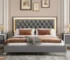 Queen bed frame with headboard in velvet wingback style with charging ports