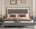Queen bed frame with headboard in velvet wingback style with charging ports