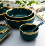 Green With Gold Inlay Quality Plates Full Set Luxury Steak Food Tray Ceramic Dinner Dish Salad Bowl Spoon Porcelain