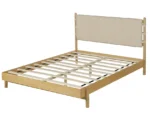 Beige upholstered queen platform bed frame with two matching nightstands and adjustable headboard – Goldoma