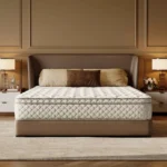 Goldoma pocket spring memory foam mattress with removable cover, medium firmness, on a bed frame