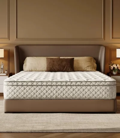 Goldoma pocket spring memory foam mattress with removable cover, medium firmness, on a bed frame