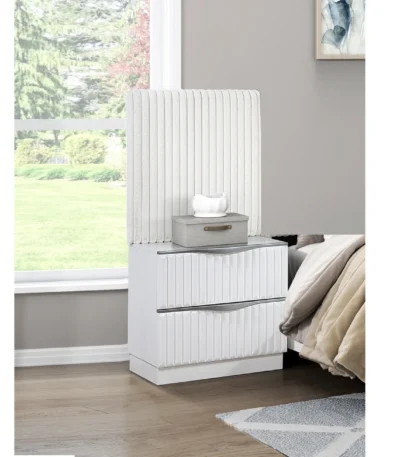 Pearl white nightstand with two drawers and upholstered fabric panel - modern bedside storage table