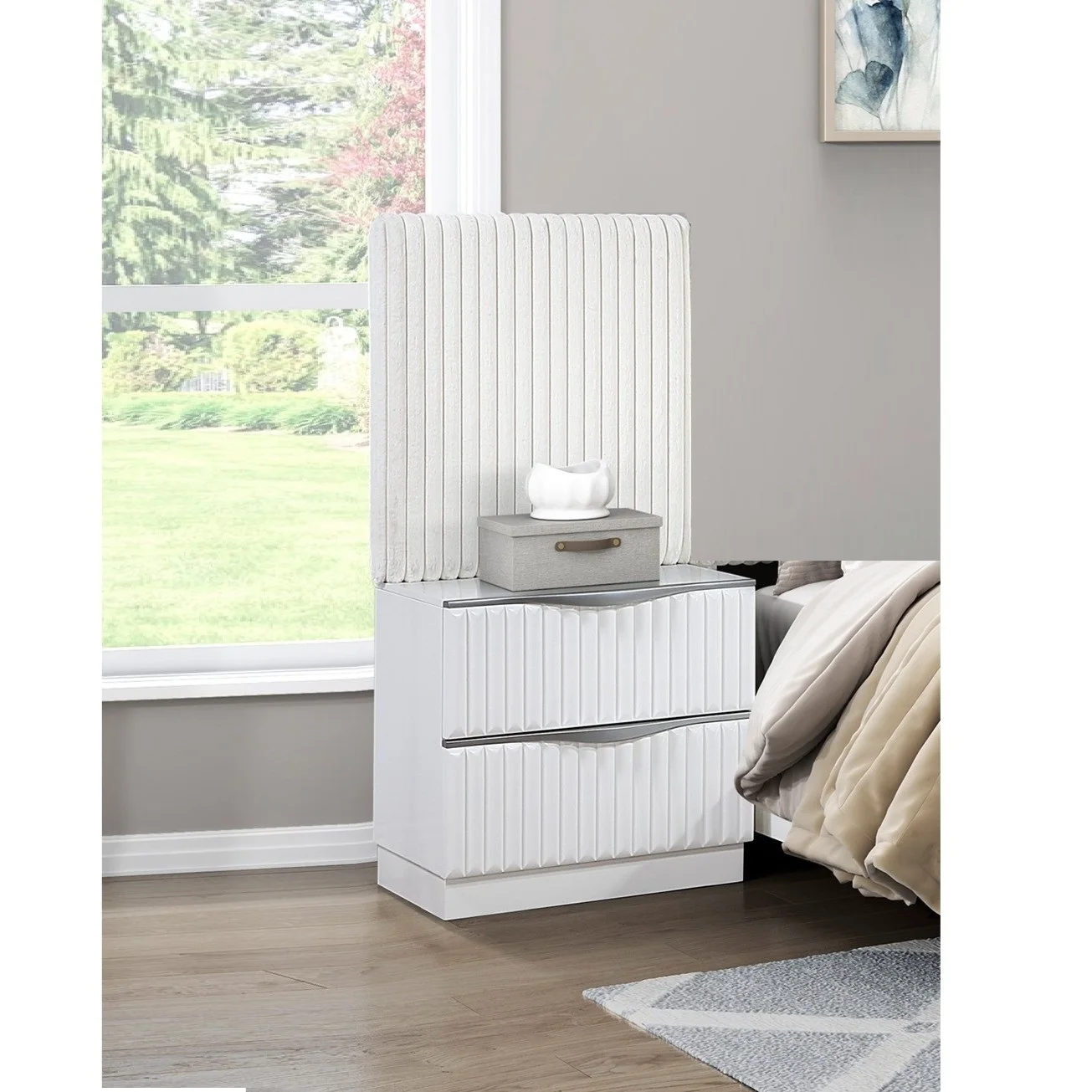 He9eaaae8c4d44b308d6bd029dcb2f4c8T.webp Pearl white nightstand with two drawers and upholstered fabric panel - modern bedside storage table