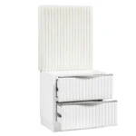 Pearl white nightstand with two drawers and upholstered fabric panel - modern bedside storage table