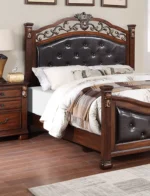 Goldoma queen size bed frame with tufted faux leather headboard in dark cherry finish - elegant traditional bedroom furniture