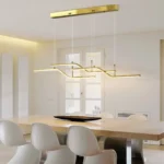 The pendant light from a side angle, highlighting its sleek wave shape and black metal frame.