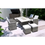 HMS Outdoor Leisure Ten-Piece Gray Wicker Furniture Set with White Cushions Durable PP Material Fire Pit Included – close-up