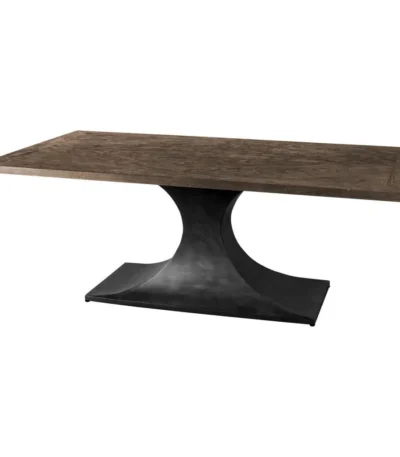 79-inch pedestal dining table with brown solid wood top and black metal base elegant design