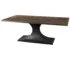 79-inch metal base dining table with solid wood top and black pedestal base in a modern dining room