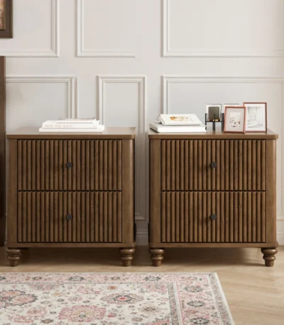 Fluted nightstand set of two in walnut finish with metal handles, mid-century modern style by Goldoma
