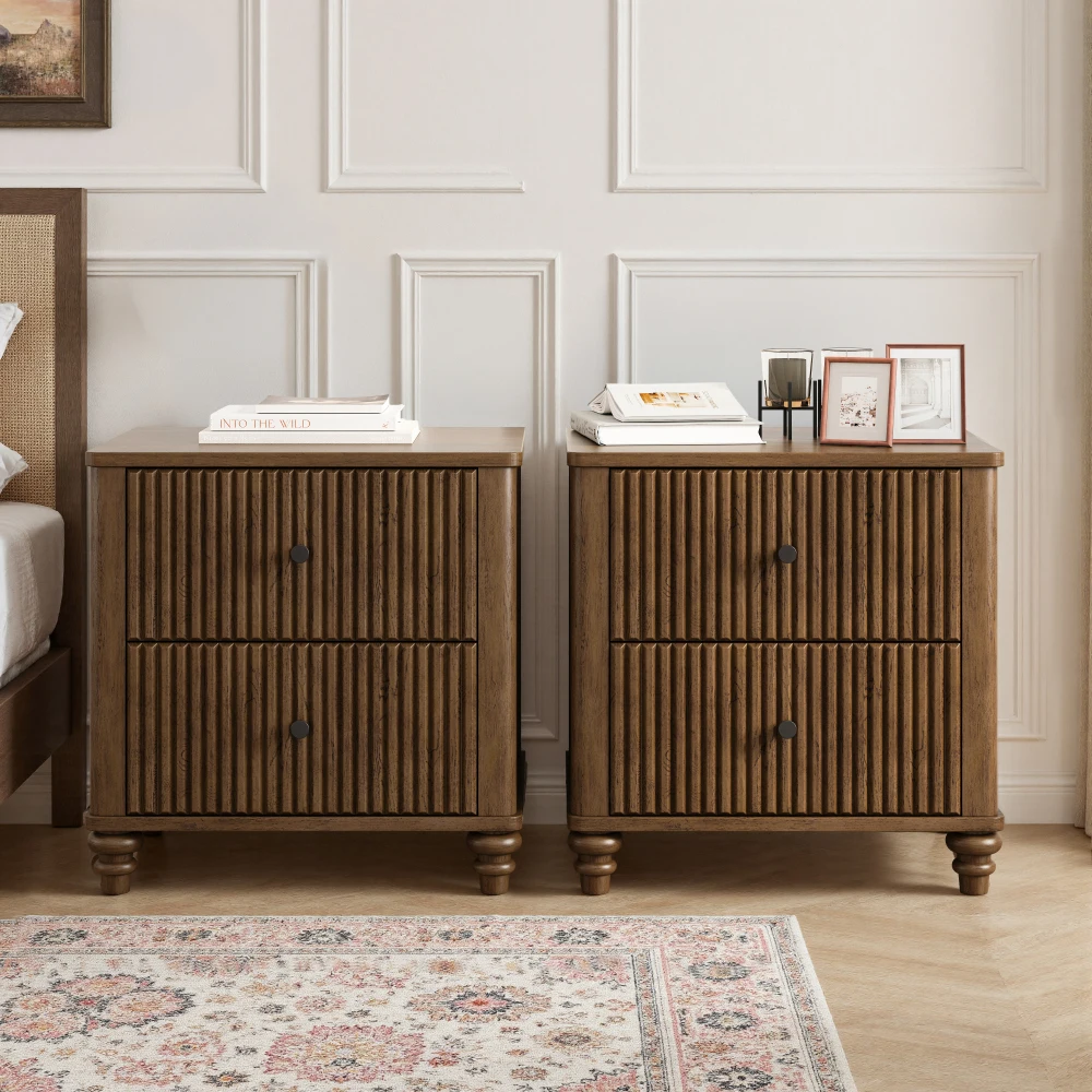 Hea8e911e1c2f44cb9545e3cff452e2d66.webp Fluted nightstand set of two in walnut finish with metal handles, mid-century modern style by Goldoma