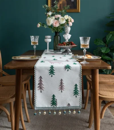 Christmas Tree Table Runner, Winter Holiday Christmas Elk, Dining Cloth Placemat New Year Home Kitchen Rustic Decorations