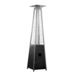 Side view of the Goldoma triangular pyramid propane patio heater with black steel body and stainless steel accents.