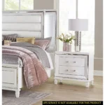 White silver finish nightstand with 2 drawers and acrylic bar pulls in a modern bedroom setting
