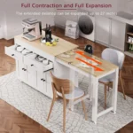 K&K 74.5 Inch Modern Kitchen Island with Extendable Dining Table on Wheels Waterproof Portable Spice Rack & 2