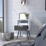 Modern living room nightstand with one drawer and one shelf in smokey oak and white finish