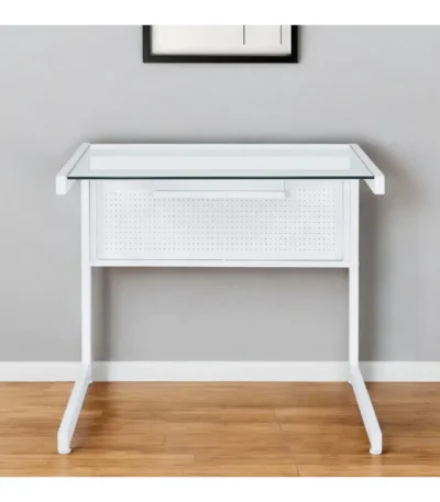 HMS 33 Clear and White Glass Computer Desk with Stainless Steel Writing Surface