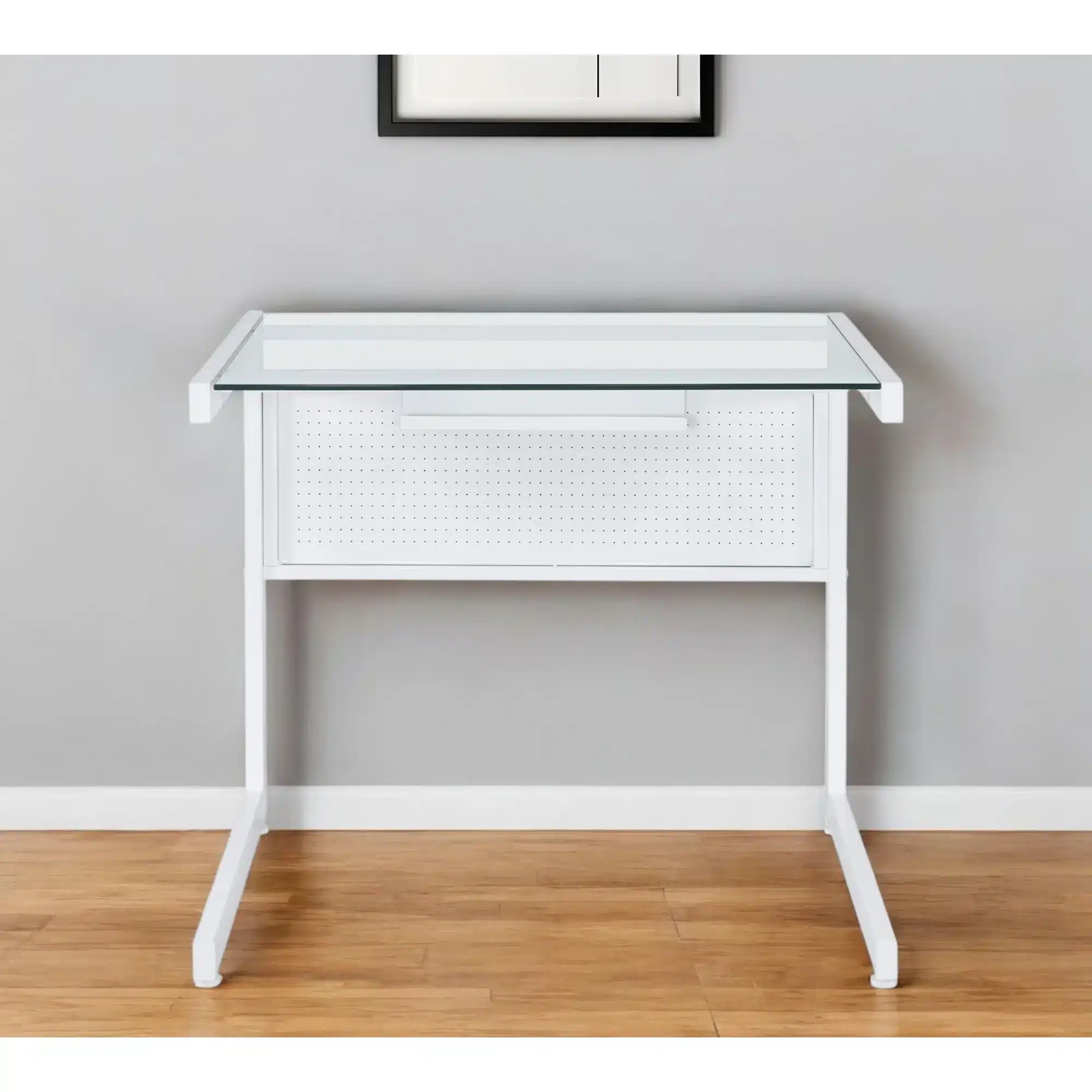 HMS 33 Clear and White Glass Computer Desk with Stainless Steel Writing Surface HMS 33 Clear and White Glass Computer Desk with Stainless Steel Writing Surface