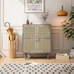 4-Doors Wabi-Sabi Style MDF Rattan Mesh Storage Cabinet Eight Storage Spaces Sideboard for Entryway Living Room Hallway (Grey) - Image 4