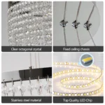 Side view of the round chandelier against a white ceiling, highlighting its tiered crystal design.