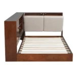 Goldoma L-shaped wooden twin bed with upholstered headboard, bookcase storage, and USB ports in a corner setup