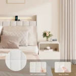 Goldoma queen floating bed frame with LED lights and charging station, velvet upholstered headboard