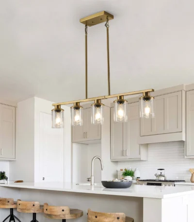 37" Modern Industrial 5-Light Chandelier with Clear Glass Shades, Golden Metal Frame Hanging Ceiling Light Fixture (No Bulbs)