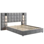 Goldoma queen velvet upholstered bed with built-in USB ports and reading lamp in modern bedroom setting