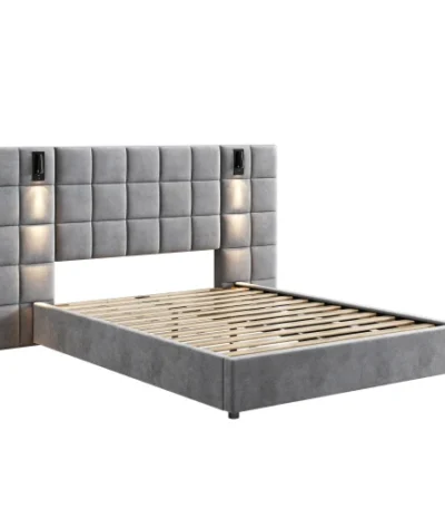 Goldoma queen velvet upholstered bed with built-in USB ports and reading lamp in modern bedroom setting