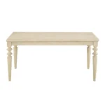 Urban style wired white dining table with turned legs and wood grain finish in a modern home setting