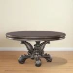 60-inch gray solid pine wood pedestal dining table with modern design and wood grain finish