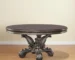 Gray solid pine wood round dining table 60 inch with pedestal base in a dining room setting
